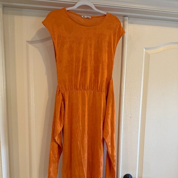 Zara orange jacquard tie front short sleeve long maxi dress Sz Small - Picture 5 of 7
